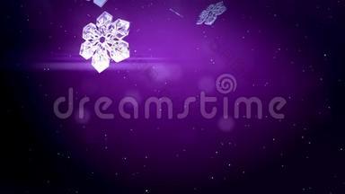 装饰3d雪花在紫色背景上在空中飞舞.. 用作圣诞、新年贺卡或冬季动画